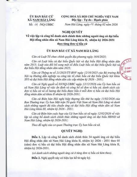 Công bố danh sách chính thức những người ứng cử đại biểu Hội đồng nhân dân xã Nam Hải Lăng nhiệm...